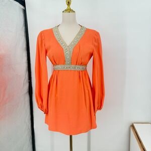 Vintage 60s Coral Highlighter Neon Babydoll‎ Mini Dress Gold White Woven Trim